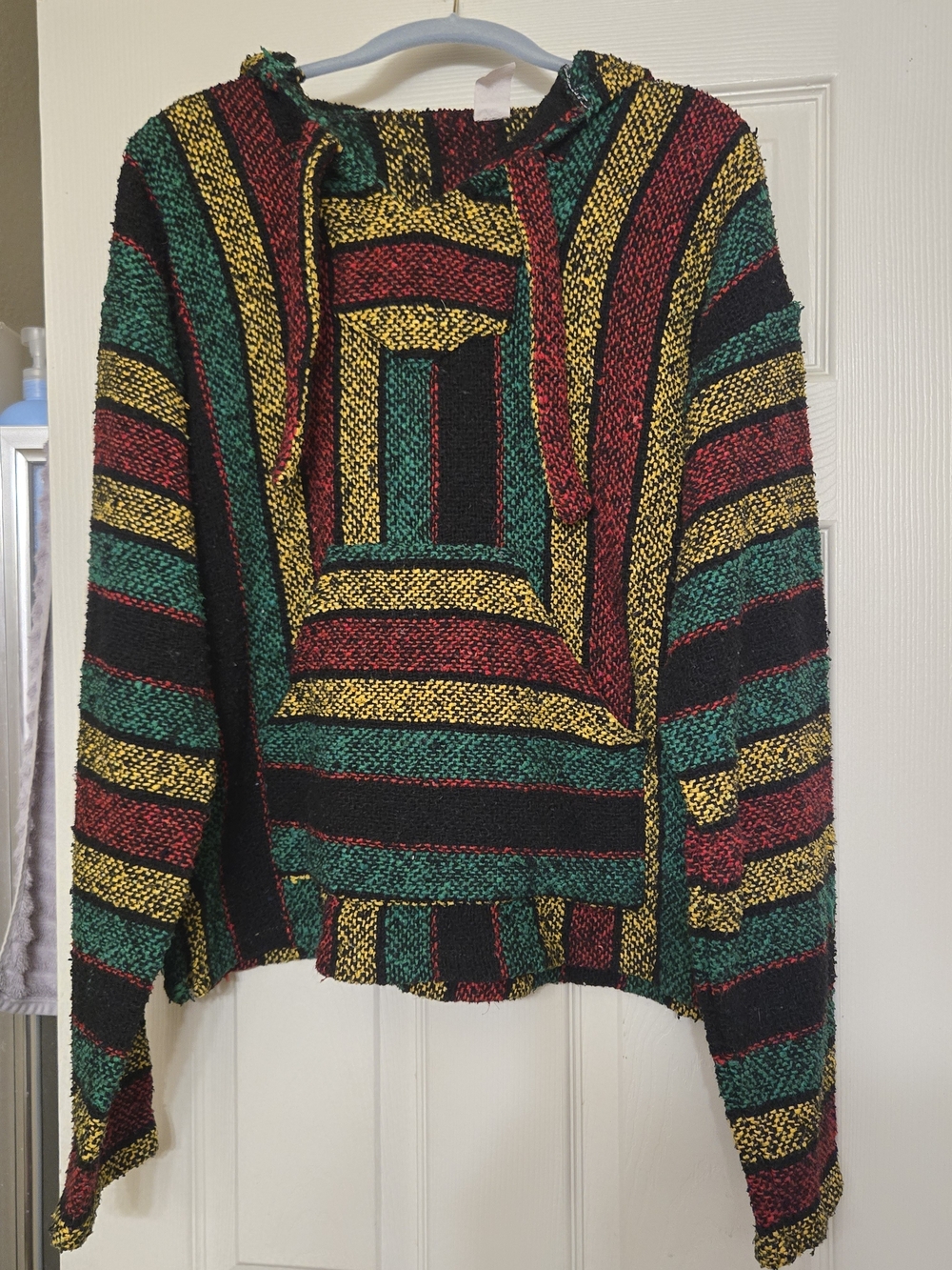 Men's Striped Hooded Poncho in Black, Green & Red Size Large